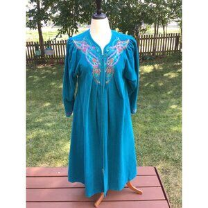 Vintage Vanity Fair Embroidered Zip-Up Long Robe M Teal USA ComfyMrs Roper